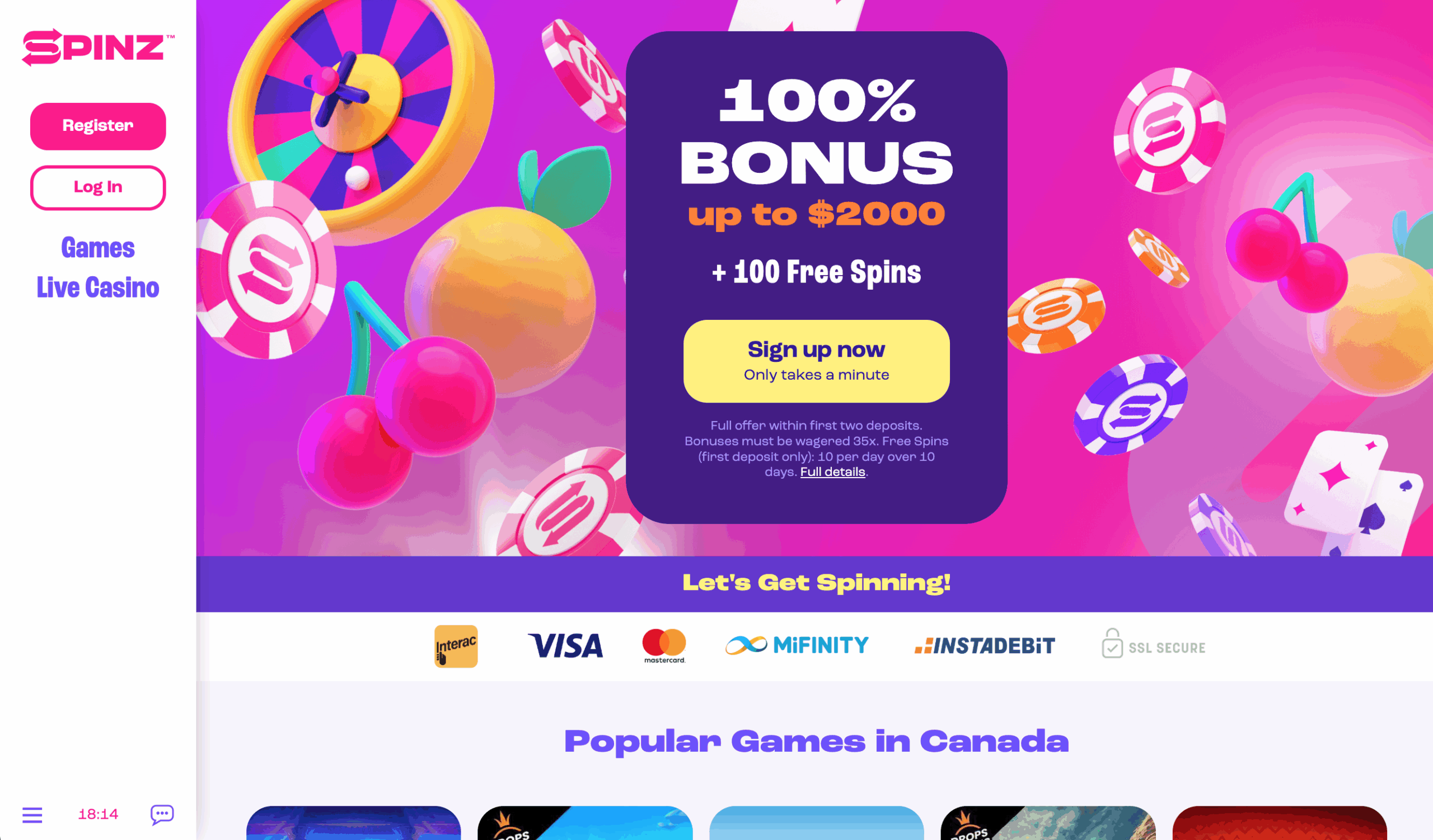 Spinz Casino Homepage