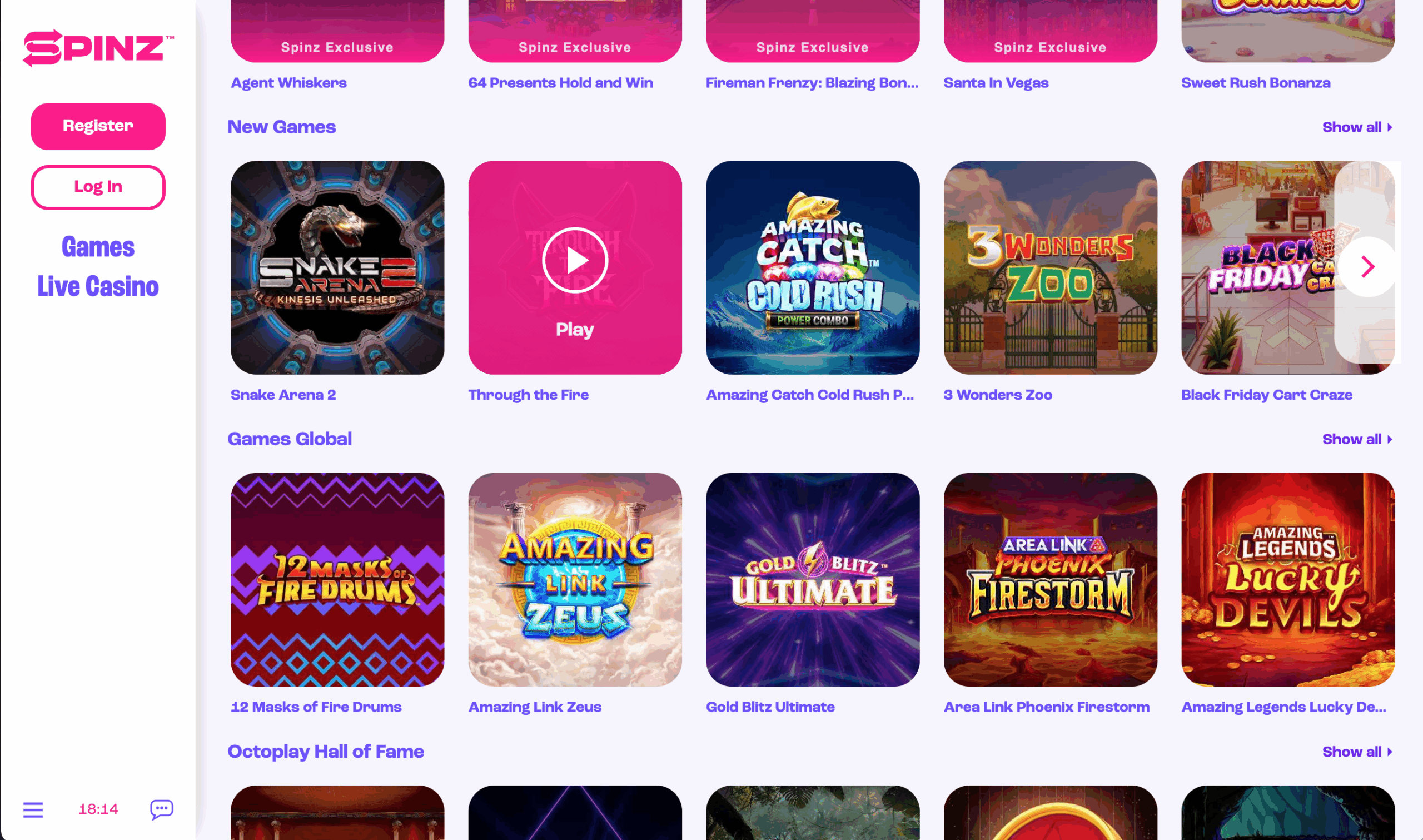 Spinz Casino Game Interface