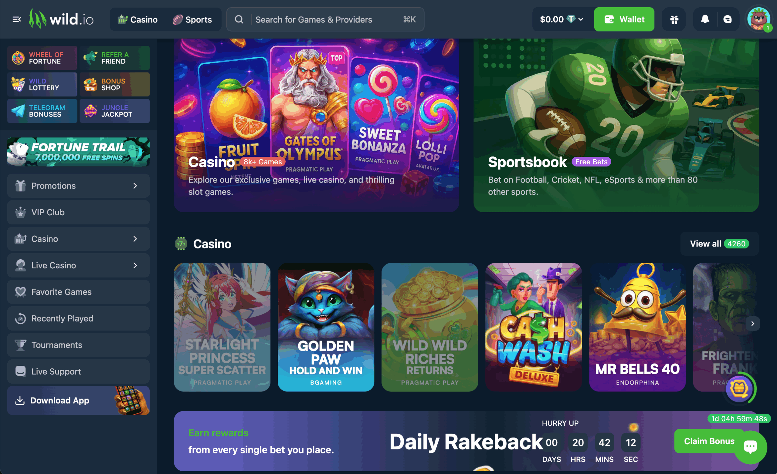 Wild.io Casino Homepage